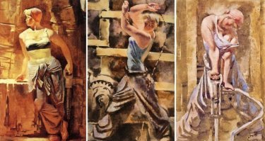 В журнале юный художник помню была замечательная подборка картин "Девушки Метростроя" Александра Самохвалова. Но про косметику автор, конечно, погорячился - ею пользовались и в 50-е и 40-е и 30-е годы и раньше. Просто не таким толстым слоем мазались как сейчас. И прически были.
PS Если есть люди искусства, которые в теме, как так получается, что по одному запросу выдает 2 похожих но разных картины (см фотографии) - одна из них фейк, или разные версии на одну тему?