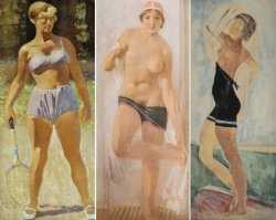 А вот тут нашел - "Девушка со сверлом" (которая первая) это типа развитие картины "Перед душем" (это которая предпоследняя с лопатой), вообще позитивные картины 30-х очень здорово мотивируют, есть в них какая-то мощь, сила.