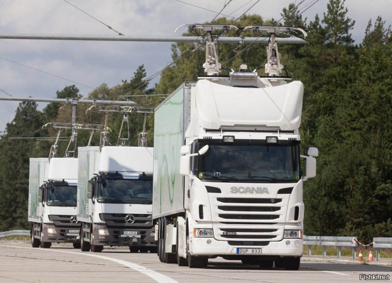 Это лишь планы на будущее.
Сегодня, пока только так, как на фото.
Германия и Швеция уже начали реализацию проектов автобанов с проводами. "Грузотроллейбусы", пока только так.