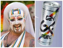 Я бл@дь, что дальтоник???  ...Банка Gay Fuel имеет розовый цвет, на ней нанесены цветные полосы радуги.