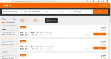 Ryanair вообще не летает из Парижа во Франкфурт. Цены на Easyjet в два раза выше тех, которые я нашел раньше.
Скиньте скриншот. И постарайтесь без оскорблений.