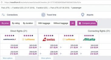 Объясните кто-нибудь откуда взялся миф что "в Европе до сих пор можно летать за 10-15 долларов"? (кстати, в Европе летают за евры, а не за доллары). Вот, сделал поиск на билеты примерно одного расстояния: Париж-Франкфурт и Москва-Питер.
Я слышал что в некоторых авиакомпаниях есть такая услуга "билет последнего часа". Это когда кто-то сдал билет перед вылетом - то можно купить место в самолете по дешевке, евров за 30. Но ждать такого билета нужно днями, если не неделями. Нах, нах такое "счастье".