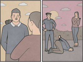 Домотал до конца эту хрень, в надежде увидеть хоть что-то забавное. Не увидел. А на первой картинке вообще смысл и логику невозможно понять. Объясните, может это я не догоняю в чем тут суть? Парень пришел на свидание с цветами, потом пришел полицейский - надел цветы себе на голову, а парня в наручники и на колени. Девушка умиляется. Что здесь бльяд забавного???