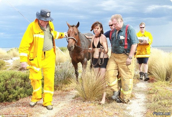 На первой фотографии Николь Грехем поддерживает голову своей лошади Астро, попавшей в грязевую яму на побережье у Мельбурна. Она вызвала спасателей, и три часа стояла по пояс в грязи, успокаивая животное.
