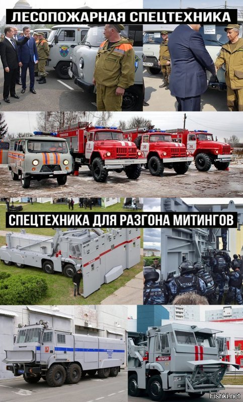 Потому что разгонять митинги экономически выгодно, а тушить пожары не выгодно
-Новая техника для медицинской помощи и тушения пожаров.
-Новая техника для подавления протестов и восстаний.