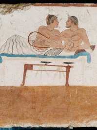 Сцена симпозиума, фреска, ок. 480 г. до н.э. | Внутренняя сторона северной стенки саркофага из Гробницы ныряльщика | Пестум, Национальный археологический музей.
Вам достаточно синего?