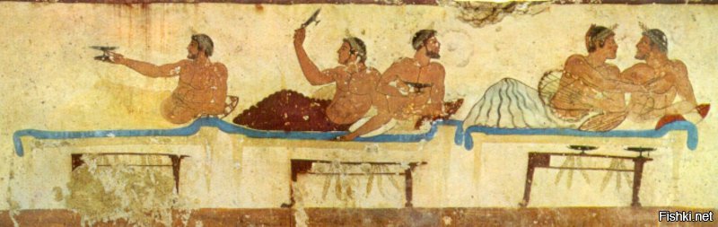 Сцена симпозиума, фреска, ок. 480 г. до н.э. | Внутренняя сторона северной стенки саркофага из Гробницы ныряльщика | Пестум, Национальный археологический музей.
Вам достаточно синего?
