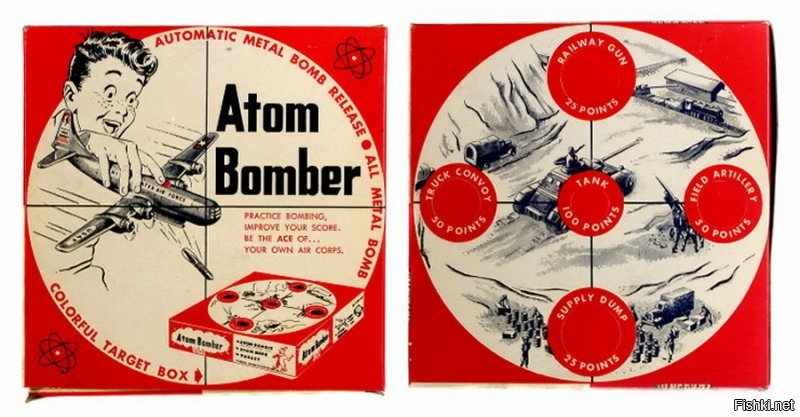 Игра «Атомный бомбардировщик» (Atom Bomber), выпущенная фирмой «Томас Тойс» (Thomas Toys).в 40-50 годах в США.
-в каждой избушке свои игрушки.