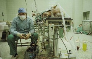 Хирурги они такие...
Польский кардиохирург Збигнев Релига в 1987-м году произвел операцию по трансплантации сердца. Операция продолжалась 23 часа и закончилась успешно - на фотографии Збигнев Релига наблюдает за показателями работы нового сердца пациента. Ассистент кардиохирурга настолько устал, что просто лег спать в углу операционной.