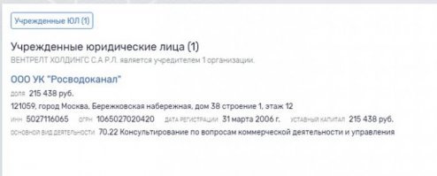 Россияне платят за воду, а деньги уходят в Люксембург, который является владельцем Росводоканала.
Компания ВЕНТРЕЛТ ХОЛДИНГС С.А Р.Л. (Люксембург - является учредителем ООО "УК Росводоканал". Доля 100%)