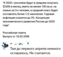 К 2020 средняя зарплата по стране 700 долларов, население покупает квартирки по 25-30 кв. метров, инфляция действительно снизилась, это связано с отсутсвием денег у населения. Трудно продать нищебродам втридорога. Но к 2030 нам снова обещают рай на земле. Так и живем
