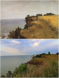 Хотелось бы особенно выделить три замечательные  картины  И.Шишкина " У берегов Финского залива" Эти чудесные пейзажи особенно близки моему сердцу, так как это места родные и знакомые мне с детства, места моей Родины. Иван Шишкин был очень вдохновлён этими живописными местами, он провёл здесь много времени, эти места были  очень близки  и его сердцу. Иван Шишкин всегда стремился к тому, чтобы пейзаж был не только национальным, но и местным. Он не просто изучал и рисовал, а жил своими деревьями и травами, вырисовывая мельчайшие подробности листвы, коры, сучьев, травы, стебельков, передавая в них трепет жизни. Наверное, на этюдах он разговаривал с ними.   Примечательно, что "поэт леса", "царь лесов", как его называли современники, никогда не рисовал "мертвой" природы, сорванных цветов, плодов, натюрмортов, он рисовал только натуру в естественной природе.
Здесь лечились его душевные раны - работой и общением с природой. В них он находил забвение и какое-то утешение. А вот это место почти 125 лет спустя... в наши дни.