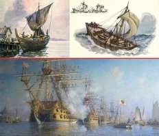 Современный по тем временам флот. А не ладьюшки.
При чем именно РЕГУЛЯРНЫЙ флот. Чего до этого и близко не было.
Были какие то корыта. Даже Черное море пересекали до Византии. И по Балтике и Белому морю плавали. Но именно прям флотом это не назвать. Это были купеческие и промысловые корытца. И сравните с многопушечными фрегатами, линейными кораблями и т.д., появившимися при Петре.

Вот это флот был!))) Флотище прям!)) (сверху)