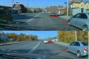 Ну и на последок: женщина сама призналась, что она притормозила, а на фото после и до аварий видно, что синий газанул. В верхней фото, уже после столкновения, синий едет за грузовиком и в через этот промежуток должен был протиснуться чёрный. Конечно же чёрный дал по тормозам, его занесло и он бортанул рега. Иначе бы он снес синего.