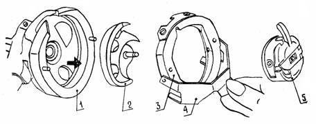 Колпачок со шпулькой насажен на ось челнока, но сам челнок просто вложен в корпус "хода" как в чашку. Сзади оси нет, в этом зазоре и проходит задняя часть петли.
На картинке: 1. "Ход" 2. Челнок (обратите внимание, ось у него спереди, но сзади он гладкий) 3-4. Переднее кольцо с замком (удерживает челнок от выпадения) 5. Колпачок со шпулькой.