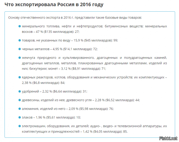........."Российская экономика устроена очень просто: мы продаем за рубеж сырье, «немного приторговываем» металлами, лесом и оружием, а закупаем за границей сложную технику и потребительские товары.".........

Специально для Одноглазников и Вконтачеров подготовлено........





Так что же еще экспортирует Россия?

Атомная энергетика.

“Росатом” – один из мировых лидеров по числу атомных блоков сооружаемых за рубежом (16% мирового рынка услуг по строительству АЭС). Россия экспортирует полный цикл атомных технологий, от проектирования/консалтинга до строительства под ключ с обслуживанием и участвует в атомных проектах в Китае, Иране, Индии, Финляндии, Бангладеш, Иордании, Болгарии, Словакии, Турции, Вьетнаме, Белоруссии, Украине. Подписаны соглашения на постройку 20 энергоблоков, а стоимость портфеля заказов достигла 74 млрд. долларов в 2013 году.

 

Финансовые услуги.

Российский форекс-брокер “Альпари” входит в пятерку крупнейших мировых форекс-брокеров (согласно рейтингу Forex Magnates) с оборотом более 1 трлн. долларов в год. Имеет филиалы в США, Великобритании, ОАЭ, Китае. Победитель в номинации «Лучший форекс-брокер Европы – 2013» и обладатель международной премии International Finance Magazine Award.

 

Грузовые перевозки.

Группа компаний “Волга-днепр” – мировой лидер в сегменте сверхтяжелых и негабаритных авиаперевозок с оборотом более 1 млрд. долларов. Имеет филиалы в США, Великобритании, Ирландии, Китае.

 
 

Согласно ежегодному рейтингу десяти ведущих компаний в мире, занимающихся танкерными перевозками, немецкого Института торгового судоходства и логистики (Institut fürSeeverkehrswirtschaft und Logistik   ISL), на 1 января 2012 года компания “Совкомфлот” заняла второе место после японской компании Mitsui O.S.K. Lines (рейтинг составлен на основе Clarkson Research Services Tanker Register). Английский Ллойд-Лист (Lloyd’s List) в ноябре 2012 года объявил, что Совкомфлот занял первое место по дедвейту флота среди крупнейших танкерных перевозчиков.

Экспорт услуг по разработке программного обеспечения.

Согласно отчету аналитиков РУССОФТ за 2013 год, объем российского экспорта ПО в 2012 году составил 4.6 млрд. долларов, из которых около половины приходится на продажи готовых продуктов (о них см. ниже), и половина – на услуги разработчиков ПО по заказу.

 

Строительство за рубежом.

ОАО “Мосметрострой” выиграл тендер и построил под проливом Босфор в Турции гидротехнический тоннель диаметром 6 метров и длиной 3.4 км, сейчас ведет строительство метрополитена в Ченнае (Индия) и скоростной ж/д магистрали Тель-Авив-Иерусалим.

Космические технологии.

Россия является мировым лидером на рынке коммерческих космических запусков, выводя на орбиту спутники, грузы и людей. Доход от этой деятельности – около 1 млрд долларов в год.

 

Авиационное проектирование и консалтинг.

Группа компаний “Прогресстех” является лидером в Восточной Европе по оказанию интеллектуальных услуг в авиакосмической и авиатранспортной отраслях. Более 1000 инженеров «Прогресстех» оказывают инжиниринговые услуги для зарубежных и российских разработчиков и производителей авиационной техники.

 

Бизнес-аналитика и консалтинг.

«Прогноз» – международная компания со штаб-квартирой в Перми реализовала уже более 1500 проектов по внедрению аналитического ПО для 450 заказчиков более чем в 70 странах мира. Среди ее клиентов – МВФ, ВОЗ, Кока-Кола, 3М.

 

Телекоммуникационые услуги.

ФГУП “Космическая связь” предоставляет доступ к космическому сегменту пользователям из 35 стран и уверенно входит в десятку крупнейших мировых операторов спутниковой связи по объему орбитально-частотного ресурса.
Еще одно название – «Ростелеком», он является ключевым исполнителем нескольких международных проектов, играющих значимую роль в области передачи трафика между государствами Евразии. В частности, компанией запущена система «Транзит Европа-Азия» (TEA) с пропускной способностью до 3,2 Тбит/с. Это надежный, полностью наземный трансконтинентальный маршрут пропуска трафика, альтернативный подводным кабельным системам.

 
 

Туристические и деловые поездки.

Россия ежегодно принимает миллионы туристов и деловых посетителей, их обслуживание приносит более 7 миллиардов долларов в год.

 

Металлургия.

Экспорт продукции металлургической промышленности достигает 40 млрд долларов.В ее числе черные и цветные металлы в слитках и изделия их них. По ряду позиций Россия является ключевым экспортером в мире – по титану, никелю, алюминию.

 

Химическая промышленность.

Россия – мировой лидер в производстве синтетического каучука, некоторых удобрений, и химикатов с ежегодным экспортом более 30 млрд долларов.

 

Сельское хозяйство и продовольствие.

В 2013 году экспорт агропродукции из России составил 15 млрд долларов. В основном это зерновые – пшеница, рис, кукуруза.

 

Вооружение.

Тут всё понятно и так. Россия – второй в мире продавец оружия после США, при экспорте на 15,7 млрд. долларов в 2013 году. Накопленный пакет заказов на сегодня – 40 миллиардов. Среди крупных покупателей Индия, Китай, Алжир, Венесуэла, Вьетнам, Индонезия. Основные продажи идут по линии бронетехники, систем ПВО, боевых самолетов/вертолетов и морских вооружений.

 

Тяжелое машиностроение

«Гидропресс» поставляет кузнечно-прессовое оборудование в страны ближнего и дальнего зарубежья Казахстан, Белоруссия, Украина, Латвия, Узбекистан и в странах дальнего зарубежья: Индия, Китай, Иран, Монголия, Польша.
ОАО “Трансмашхолдинг” производит тепловозы, электровозы, вагоны, судовые/тепловозные дизели; продукция экспортируется в страны СНГ, Польшу, Германию, Болгарию, Вьетнам, Сирию. Годовой объем – 500 млн долл.
«УРАЛМАШ»: тяжелые краны, экскаваторы, горное, буровое, металлургическое оборудование, которое поставляется в 42 страны, включая Японию. Корею, Индию, Китай, Финляндию, Германию, Польшу и др.
И это лишь несколько названий.

 

Судостроение.

Северная верфь – суда снабжения буровых платформ для Норвегии.   «Красное Сормово», «Красные баррикады» – каспийские танкеры для Казахстана, Ирана.
Волгоградский судостроительный завод – В 2003-2006 гг. построена серия сухогрузов для турецкой компании «Палмали». В 2005 г. Английским королевским обществом корабельных инженеров сухогрузы этого проекта признаны уникальным и значимым судном года.

  

Авиация.

«Сухой Суперджет 100» – ближнемагистральный лайнер, на сегодня поставлено на экспорт 12 самолетов, твердых заказов на экспорт – более 50. Холдинг «Вертолеты России» – мировой производитель №1 в сегменте среднетяжелых и сверхтяжелых вертолетов. В денежном выражении – 14% всего мирового рынка вертолетов.

 

Оптика.

В России есть целый ряд производителей, выпускающих телескопы и оптику на экспорт – «Интес», «Интероптик», «Астросиб», Лыткаринский завод (ЛЗОС).

 

Приборы, научное оборудование.

В качестве примера Новосибирский Институт ядерной физики (ИЯФ). Он известен различными линейками прикладных установок, от малодозовых сканеров для медицины и авиационной безопасности до промышленных ускорителей. Основная часть инновационной продукции ИЯФ идет за рубеж. Например, основными заказчиками более чем 180 ускорителей, поставленных институтом, выступали США, Корея, Индия, Польша и другие страны, боле 40 установок приобрел Китай. Изготовил и поставил оборудования на сумму более 100 миллионов долларов для Большого адронного коллайдера (БАК) в Европу. В 2013 ИЯФ был построен синхротрон в США.

 

Коробочный софт

Касперский – антивирусное ПО. Международная группа компаний с центральным офисом в Москве и представительствами в Великобритании, Германии, Франции, США, Японии, Южной Корее, Китае, Нидерландах, Польше и Румынии. Партнерская сеть объединяет свыше 500 компаний более чем в 60 странах мира. Входит в пятерку ведущих мировых разработчиков программного обеспечения для защиты информации от интернет-угроз.

ABBYY – программы распознавания текста, переводчики. В группу компаний ABBYY входит 9 международных офисов в России, США, Германии, Великобритании, Японии, Тайване, на Украине и Кипре, высокотехнологичное российское агентство по переводу ABBYY Language Services (Perevedem.ru) и издательство ABBYY Press. Головной офис ABBYY, находящийся в Москве, отвечает за разработку продуктов и координацию деятельности офисов компании в других странах.

 

Станки, инструменты.

«СКИФ» – производитель фрез с уникальным алмазным покрытием, которые используются для обработки цветных металлов. Используются мировыми производителями аэроксомического комплекса.

 

Электротехника.

Например, РУСЭЛПРОМ. 30% выпускаемых концерном электрических машин поставляется на экспорт. Наиболее востребованная за рубежом продукция «РУСЭЛПРОМ»   электрические машины для крупных энергетических объектов, металлургических компаний, машиностроительных предприятий.

 
 

Электроника.

Компания “Трансаз” – мировой лидер в производстве морских навигационных систем и профессиональных тренажеров для коммерческого флота. 45% мирового рынка морских тренажеров, 35% мирового рынка электронно-картографических систем. Морское бортовое оборудование успешно используется более чем на 13000 коммерческих судов по всему миру.
Продукция компании “Телесистемы” экспортируется в США, Великобританию, Канаду, Францию, Германию, Италию, Израиль, Австралию и другие страны – это профессиональные диктофоны, датчики слежения, системы голосования и пр.
Солнечные батареи и энергосистемы от компании «Солнечный ветер» – мегаватты экспортированной продукции в Европу.
Зеленоградское предприятие Ангстрем экспортирует микросхемы в Южную Корею.

 

Энергетика

ТК «ТВЭЛ» осуществляет экспортные поставки ядерного топлива, а также оказывает услуги по конверсии и обогащению урана.
«Силовые машины»: группа машиностроительных заводов и проектных орагнизаций, производящих энергетическое оборудование для ГЭС, ТЭЦ, включая электростанции «под ключ”. Экспортирует оборудование и услуги в Египет, Вьетнам, Бразилию, Сербию. Мексику, Грецию, Аргентину, Иран и др. страны.