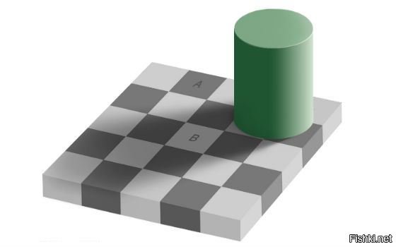 Вот вам простой пример, квадраты А и В одного цвета но из-за яркости кажутся разными.