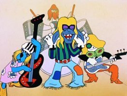 Здесь кот-басист и два балалаечника на трёхструнках, если быть внимательнее. )) Причём у кота две разные гитары - на 4 и 3 струны.