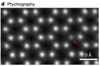На снимке ниже видны атомы серы и место, где одного такого атома не хватает (указано стрелочкой).



Атом водорода под сканирующим электронным микроскопом