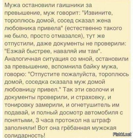 - Ну конечно же это мужская солидарность виновата. Ну подумаешь, прав, страховки и аптечки не было, а огнетушитель просрочен оказался.. Им лишь бы затормозить меня было нужно. Сволочи !