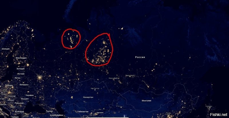 Эта карта древний фейк. Теперь посмотрите на карту и расскажите мне, что это за неизвестные скопления городов в России? При чем ярче Европы.