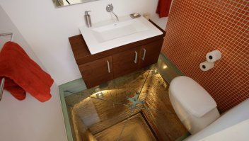 Нет, я быстренько погуглил и нашёл, что же это за сортир такой.
Выяснилось, что это чудо находится в Мексике, в Гвадалахаре и это пентхаус, а шахта лифта в сортире самая настоящая и она 14-ть этажей. 
Во как!