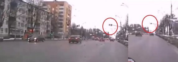 Нет, на самом деле красный включился ещё раньше, когда "Нивы" и в кадре то не было! А рядом скрин, как горит желтый.