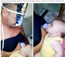 Это девочка ;)

"Мать оставила дочку с отцом, но малышка отказывалась пить молоко из бутылочки. Остроумный папа нашёл выход из ситуации:"