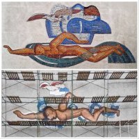 Реставрируют, как в Нижнем Новгороде?

Фасад дома физкультуры «Торпедо» с бассейном «Чайка», что в Автозаводском районе Нижнего Новгорода, пал жертвой безудержной реставрации   об этом сообщает «Нижний Новгород онлайн».

Вообще-то на фасаде уже была мозаика, выполненная еще во времена СССР. Мозаика увековечила в спортсмена, стремительно уплывающего от чайки. Выглядела мозаика очень и очень неплохо: этакий классический пример физкультурно-изобразительного советского искусства. Но после недавнего капитального ремонта здания мозаика исчезла.
Но появилось новое изображение пловца...