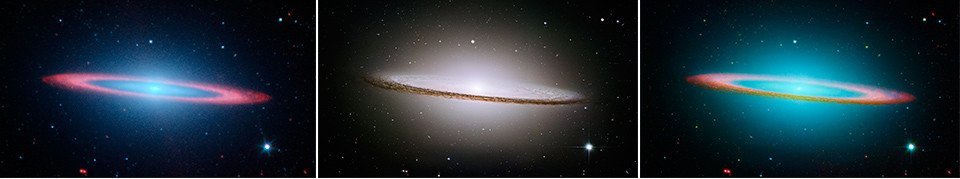 Тоже стало интересно, полез гуглить. Просто черно-белые в основном, а потом цветовые каналы накладывают.

Фото галактики Сомбреро (справа), скомбинированное из снимков телескопов «Спитцер» (слева) и «Хаббл» (по центру)