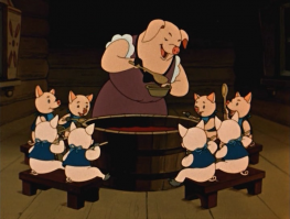 Мне это больше нравится:

Я свинья и ты – свинья,
Все мы, братцы, свиньи.
Нынче дали нам, друзья,
Целый чан ботвиньи.

Мы по лавочкам сидим,
Из лоханочек едим.
Ай-люли,
Ай-люли,
Из лоханочек едим.

Ешьте, чавкайте дружней,
Братцы-поросята!
Мы похожи на свиней,
Хоть еще ребята.

Наши хвостики крючком,
Наши рыльца пятачком.
Ай-люли,
Ай-люли,
Наши рыльца пятачком.

Вот несут ведерко нам
Полное баланды.
- Поросята, по местам!
Слушайся команды!

В пойло раньше стариков
Пятачком не лезьте.
Тут десяток пятачков,
Сколько это вместе?

- Ай, люли,
Ай, люли,
Тут полтинник вместе!