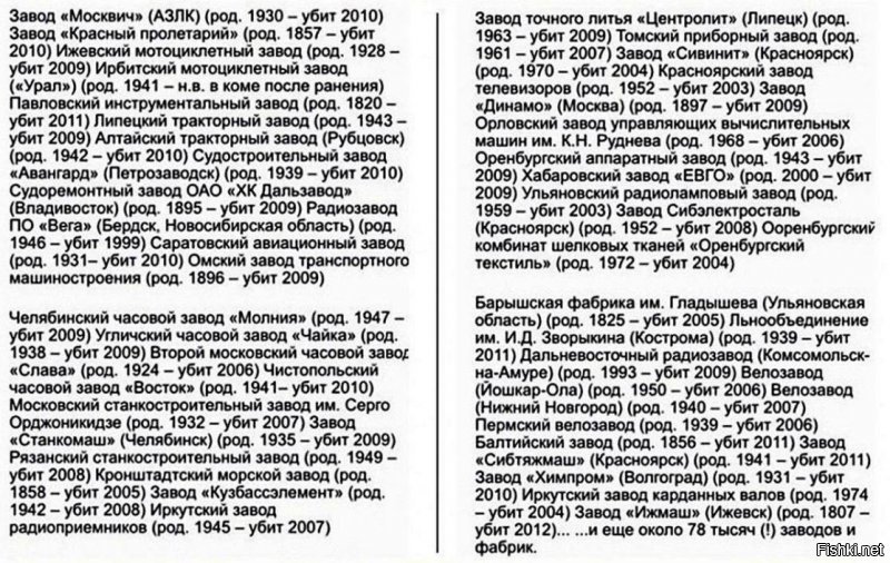Список уничтоженных заводов и фабрик за время правления В.Путина. Можете начинать: "вы фсё врёти, он просто был не в курсе"