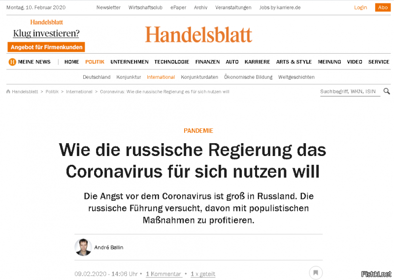 Handelsblatt (Германия): как российское правительство хочет использовать коронавирус в своих целях.
...
Действительно, некоторые меры крайне эффективны и необходимы. Так, российское руководство правильно постановило образовать резервы лекарств от гриппа   ввиду отсутствия других препаратов для лечения коронавируса   и временно закрыть границу с Китаем.
...
Популистским выглядит требование правительства депортировать иностранцев, зараженных коронавирусом. Это звучит логично, но противоречит международным правилам и может скорее осложнить лечение заболевших. Такая акция обходится России недешево: вывоз зараженных, согласно экстренному плану, должен производиться специальным бортом.
...
И по вопросу эвакуации собственных граждан из Уханя российское правительство отреагировало значительно позже, чем западные страны. Если немцев вывезли из Китая еще в конце января, то Кремль отправил в соседнюю страну два военных самолета только в середине прошлой недели. Эти рейсы вывезли 144 человека.
...
Даже если российская экономика, по прогнозам Citi Bank, потеряет из-за вируса почти 0,3% роста   в первую очередь за счет падения цен на нефть   Кремль может выиграть за счет освещения темы. Она уже давно вытеснила с повестки дня неожиданную смену правительства и анонсированные изменения в конституции.

В центре внимания   больше не переустройство власти в России, а социальная забота московского руководства. Согласно последним опросам, более половины россиян (52%) снова считают, что страна движется в правильном направлении. Это самый высокий показатель за более чем два года. И связан он в том числе и с освещением активной борьбы с коронавирусом.