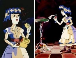 Алиса уже успела прочесть несколько очень милых историй о детях, которые были неосторожны с огнем или забирались прямо в пасть к диким зверям и с которыми происходили всякие прочие неприятности. И все из-за того, что они не потрудились вспомнить простейших дружеских наставлений. А именно:
- что не следует слишком долго держаться за раскаленную кочергу   обожжешься, 
- что нельзя хвататься за нож   можно сильно порезаться и кровь потечет, 
  и что, если слишком много глотнуть из бутылки с надписью «ЯД», то сразу или не сразу, но это повредит весьма и неизбежно.

А уж Алиса-то забывать о таких вещах не собиралась.Но на флакончике надписи «ЯД» не было, и Алиса отважилась выпить глоточек.