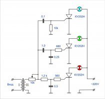 Да уж... Ку202Н были заветной мечтой любого пацана...
Простейший фильтр на кондерах и резисторах давал три цвета, четвертый шел "на паузу", в свое время я наладил производство таких плат (правда, спроса на них особого не было, так как все-таки основной была проблема светоизлучателей, а лампы на 220в плохо сочетались с автомобильными фарами)...
