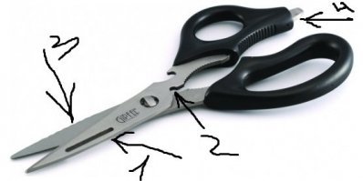 Имею вот такие ножницы из набора ножей от Гипфель дома. Никак понять не могу:
1. Зачем нужен этот вырез? Что им делать?
2. Зачем нужен этот вырез? Что им резать? Там все равно зазор, но не прислоняется к ответной части плотно.
3. В этом месте как бы зубчики, но не острые, а сточенные волняшками. Ими ничего не распилишь. Зачем их сделали. (на картинке эти волны плохо видны, ракурс не тот)
4. Зачем нужен вот этот штырек? Он плоский, толстый и тупой, как отвертку использовать не получится, орехи колоть - тоже, засунуть в орех не получится... Зачем он тогда сделан???

Кто знает?