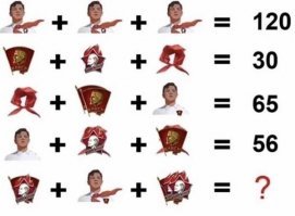 A - пионер;B - галстук;C - ВЛКСМ; D - значок пионера
Получаем:
1) (A+B+C)+(A+B+C)+(A+B+C) = 120
2) D + C + B = 30
3) B + 2*D + (A+D) = 65
4) A + (B+C) + (B+D) = 56
5) (D+C) + (A+B+D) + (D+C+C) = ?
Решение:
1) A+B+C = 40
A = 40 - B - C
4) (40 - B - C) + (B+C)+(B+D) = 56
40 - B + B + B - C + C + D = 56
40 + B + D = 56
B + D = 16
2) C + B + D = 30
C + 16 = 30
C = 14
1) A + B = 40 - 14A + B = 26
3) A + B + 3*D = 65
D = (65 - 26)/3
D = 13
4) A + B + B + C + D = 56
26 + B + 14 + 13 = 56
B = 56 - 26 - 14 - 13
B = 3
1) A + 3 + 14 = 40
A = 23
5) (13+14) + (23+3+13) + (13+14+14) = 107.