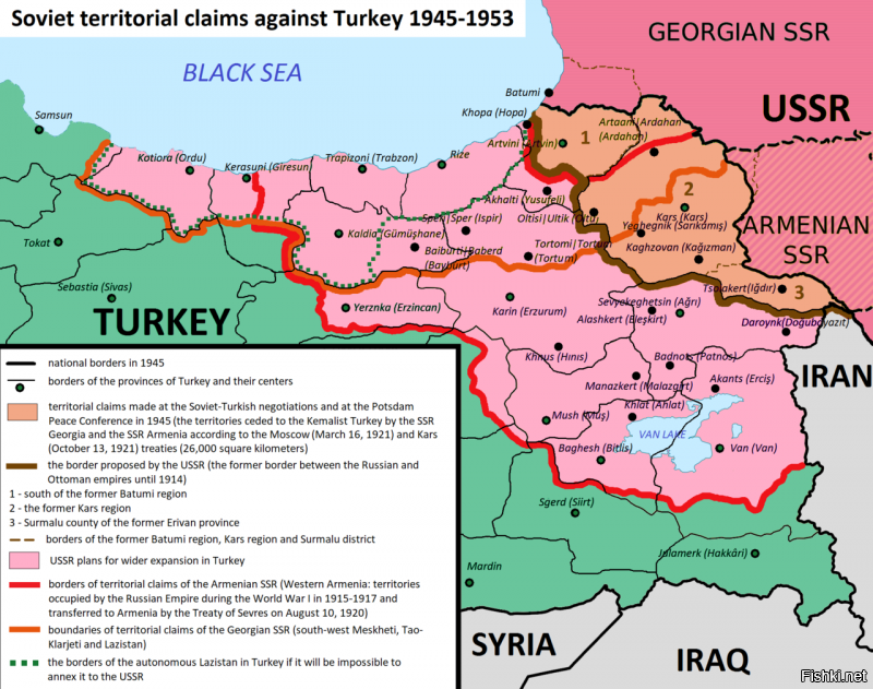 Турции как государства сейчас вообще могло бы не существовать (С)
Что за сотрудничество Турции с Германией? Договор о дружбе?) По-моемуКемаль Ататюрк вполне грамотно себя тогда вел, не дав местным горячим головам вляпаться в то, что было 30 годами ранее.  Чтобы распилить Турцию, господам большевикам имел смысл не сворачивать военные действия с Германией в 1918-м, а дожимать ее до конца, благо конец ее уже был не за горизонтом и по итогу выполнения договоренностей получить Стамбул с проливами и стать полноценной силой в средиземноморском регионе. Но было выполнено главное условие выгодоприобретателей всей этой революционной движухи (рукипрочьотБерлина!), и Стамбул позже, выскочив из войны, остался с турками. Тогда, раз РИ развалилась и теперь нет русских претензий-Турцию начинают планировать пилить союзники-и вот от РСФСР к Ататюрку едут вооружение, продукты-медикаменты и прочая гуманитарка, которая неплохо помогла туркам отбить поднявшихся греков, за которыми стояли союзники.  
Теперь касательно второй попытки дележа Турции. В начале 20-х, когда Туркам помогали в составе РСФСР Грузии-Армении не было, стало быть и претензий тоже. Ну а как вошли в Союз со своим ворохом конфликтов-геноцидов-опять пришло время развернуться против Кемаля, который к тому времени всех из местной компартии у себя придушил, но вот во Второй мировой повода зацепиться за себя не дал. Ну, требования озвучили на всякий случай, да и все. Прилегающие регионы к ГССР и АрмССР см. карту. Почему при тех выполненных требованиях исчезла бы страна янычаров-одному автору известно.