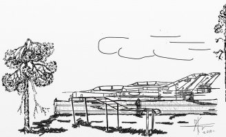 "...мы увидели плац и дальше забор. За забором справа высилось непонятное сооружение со стеклянным аквариумом наверху, а из-за забора опять-таки торчали хвосты двух МиГов. Это была вышка РП и стоянка дежурной пары. А дальше была рулёжка и взлётка. Курорт.
МиГи стояли в семи метрах от стены казармы, в которой мне предстояло жить почти полтора года. Если продолжить прямую от стоянки, то до моей койки, которую мне выделила заботливая Родина, было от силы метров сорок - пятьдесят. А отбойников у вышки было ещё шесть, помимо дежурной пары. А ночные полёты, особенно с середины лета, после прибытия молодых лётчиков, и до декабря были три-пять раза в неделю, это обуславливалось тем, что молодых вводили в строй. Вобщем первый месяц спать было некогда, но потом мы привыкли и, если не было полётов, то уже чего-то не хватало. Так что,  даже дикий свисторык, прогреваемых авиационных двигателей на стоянке, и рев взлетающих МиГов становился привычным. Удивительное создание человек – ко всему привыкает...."