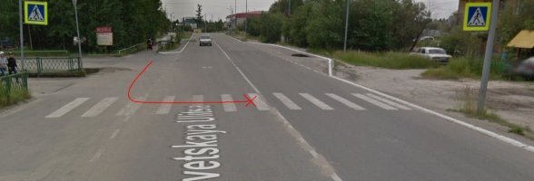 Дошла до перехода, остановилась и посмотрела налево. Не спеша дошла до середины, пропустила авто справа. Просто в лучах встречной машины девушку сложно было увидеть. Да и траектория движения, она же по полосе шла до перехода.
63.185131, 75.438006