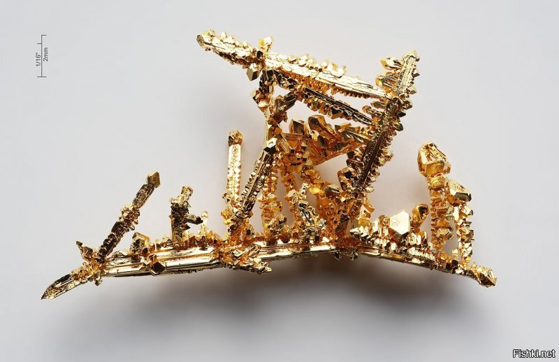Кристаллы чистого золота (99,99 %), выращенные методом химического транспорта в атмосфере хлора.
