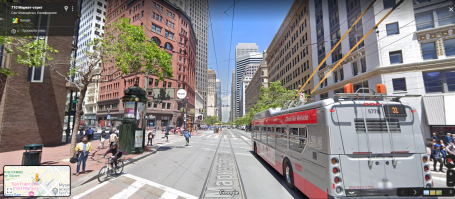 Немного добавлю: Маркет-стрит в СФ - центральная улица города (как улицы Ленина в наших городах), диагональ, пересекающая классические прямоугольные кварталы под углом, из-за чего встречаются "острые" здания. Кстати, центральную часть улицы сохранили для общественного транспорта. Лет семь назад, когда был там, на этой улице в районе делового квартала (там где высотки) было много бомжей в палатках вдоль дороги по деревьями, как сейчас не знаю.