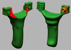Нужно было нанять не 3D-художника, который Вам тупо в 4D Cinema отрисовал пластилиновую заготовку, а нормального конструктора, который, во-первых, подогнал бы пластилин к каким-то целым размерам и нефрактальной геометрии (чтобы можно было изготавливать серийно), а во-вторых (что, кстати, главнее!), указал бы на косяки с прочностью. Для рогатки это важно. Вряд ли Вы желаете, чтоб Вам рано или поздно "рог" прилетел в морду лица.
Ладно, держите, я не жадный. Убирайте концентратор напряжения хотя бы в рабочей плоскости.