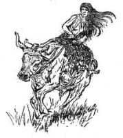 "-Где же буйвол? спросил я у Фрэнсиса. Он махнул рукой в пространство, и я увидел скачущего по саванне буйвола. На нем восседала жена Фрэнсиса. Ее длинные черные волосы развевались по ветру, и издали она была очень похожа на черноволосую леди Годиву."