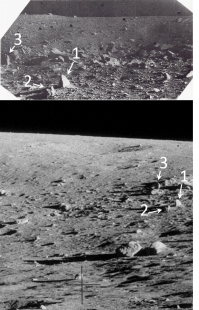 "Красным на фото отмечено примерное место, на которое смотрит камера Сервейера, судя по его ориентации. Сравнить два ландшафта вы можете самостоятельно" - на рисунке ниже.

"Что это вообще было? Кто-то переставлял Сервейер-3 по лунному реголиту? А зачем, простите?" Нет, он идеально прилунился без подпрыгивания при g/6. Тем более на явно неровную поверхность.

Остальное даже комментировать не хочется, автор сам себя профаном выставляет.