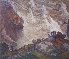 Данная картина не имеет отношения к временам ВОВ. На десантном корабле вертолёт,видны БТР и БМП...