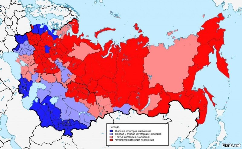 И ещё...

СССР имел градацию по уровню снабжения.
У нас, судя по карте, была 3-я категория. Хотя всегда считалось, что 2-я. Но в принципе до 89-го было всё. Иногда с чем-то перебои случались. 
По ходившей еще в СССР легенде:
Высшей категории были Москва, Ленинград, Прибалтика. 
1-й категории - Киев, Зап.Украина, Минск, остальные столицы республик, Грузия, может быть еще кто-то.
2-й категории - промышленные области Украины (Донбасс, Днепропетровская обл, Харьковская и Запорожская обл.), Белоруссия, возможно Средняя Азия, еще кто-то.
3-я категория - остальная Украина, Молдавия, Казахстан, некоторые очень ограниченные области России.
4-я категория - остальная Россия (возможно, кроме северных районов, какое было там снабжение не знаю). Вот там всегда реально была полная ж..па с товарами и продуктами. Всегда.