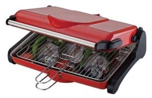 А у меня вот такая. Тоже отличная штука. Тут на картинке решётка, да, можно жарить на ней, но в комплекте ещё шампуры, собственно, это основная функция, я на них жарю, тоже настоящий шашлык получается.