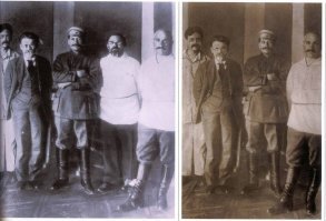 Участники 11-ого съезда РКП(б), Москва, 1922 год. Слева направо: Е. Ярославский, М. Калинин, И. Сталин, Г. Петровский и С. Орджоникидзе. На этом съезде Сталина выбрали генеральным секретарём ЦК. Отретушированная версия фотографии была опубликована в 1939 году к 60-летию вождя. Петровского больше нет. В 1928 году его обвинили в связи с «врагами народа» и сняли со всех постов. Расстрела он избежал чудом, чего нельзя сказать о его зяте и сыне.