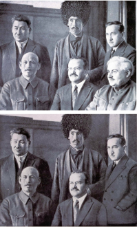 Фотография 1934 года из альбома «Десять лет Узбекистана». Сидят слева направо: А. Бабаев, В. Молотов, А. Енукидзе. Стоят: О. Блан-Бирликда, З. Авезов и Ф. Ходжаев. На второй версии снимка ретушер неуклюже дорисовал пиджак Ходжаеву на месте Авеля Енукидзе (крёстного отца жены Сталина Надежды Аллилуевой), которого расстреляли, обвинив в измене Родине. В 1937 году автор фотоальбома Александр Родченко замазал лица Блан-Бирклиды, Ходжаева и Енукидзе, что также часто практиковалось на снимках с «врагами народа».